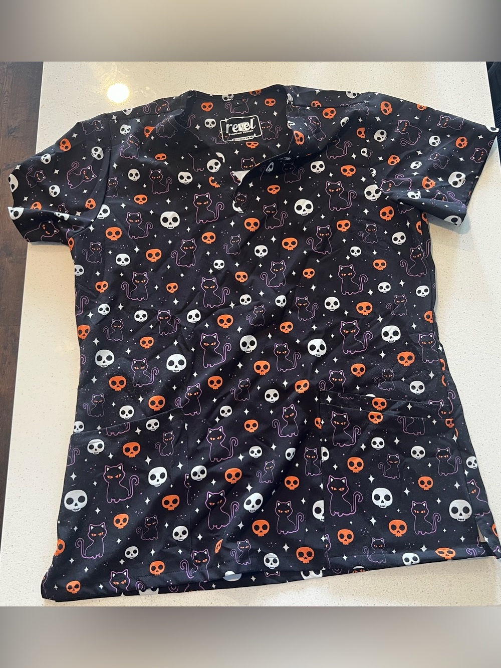 Black Halloween Cat & Skull Print Scrub Top